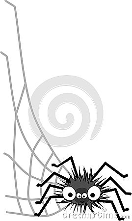 Funny big-eyed cartoon shaggy black spider and web Vector Illustration